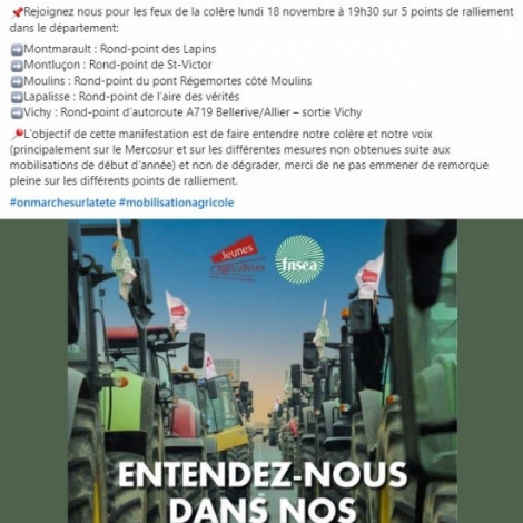 Les agriculteurs bourbonnais de nouveau mobiliss en cette fin d'anne