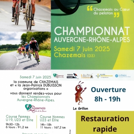 Les championnats d'Auvergne-Rhne-Alpes de cyclise sur route ont lieu ce samedi 7 juin  Chazemais