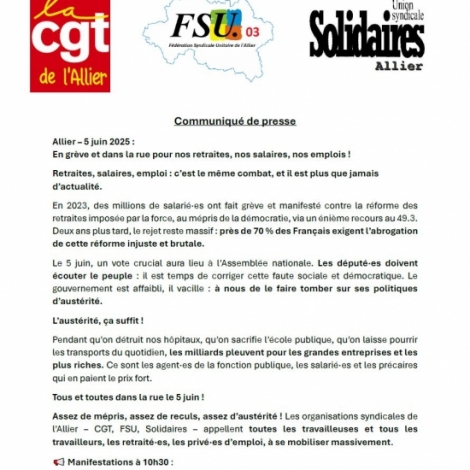 Pour les salaires, emplois, et retraites : ce jeudi 5 juin est une journe d'action intersyndicale en marge d'un vote sur la rforme des retraites  l'Assemble Nationale